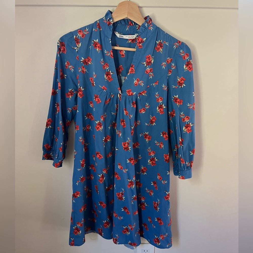 Zara flower print blue tunic top